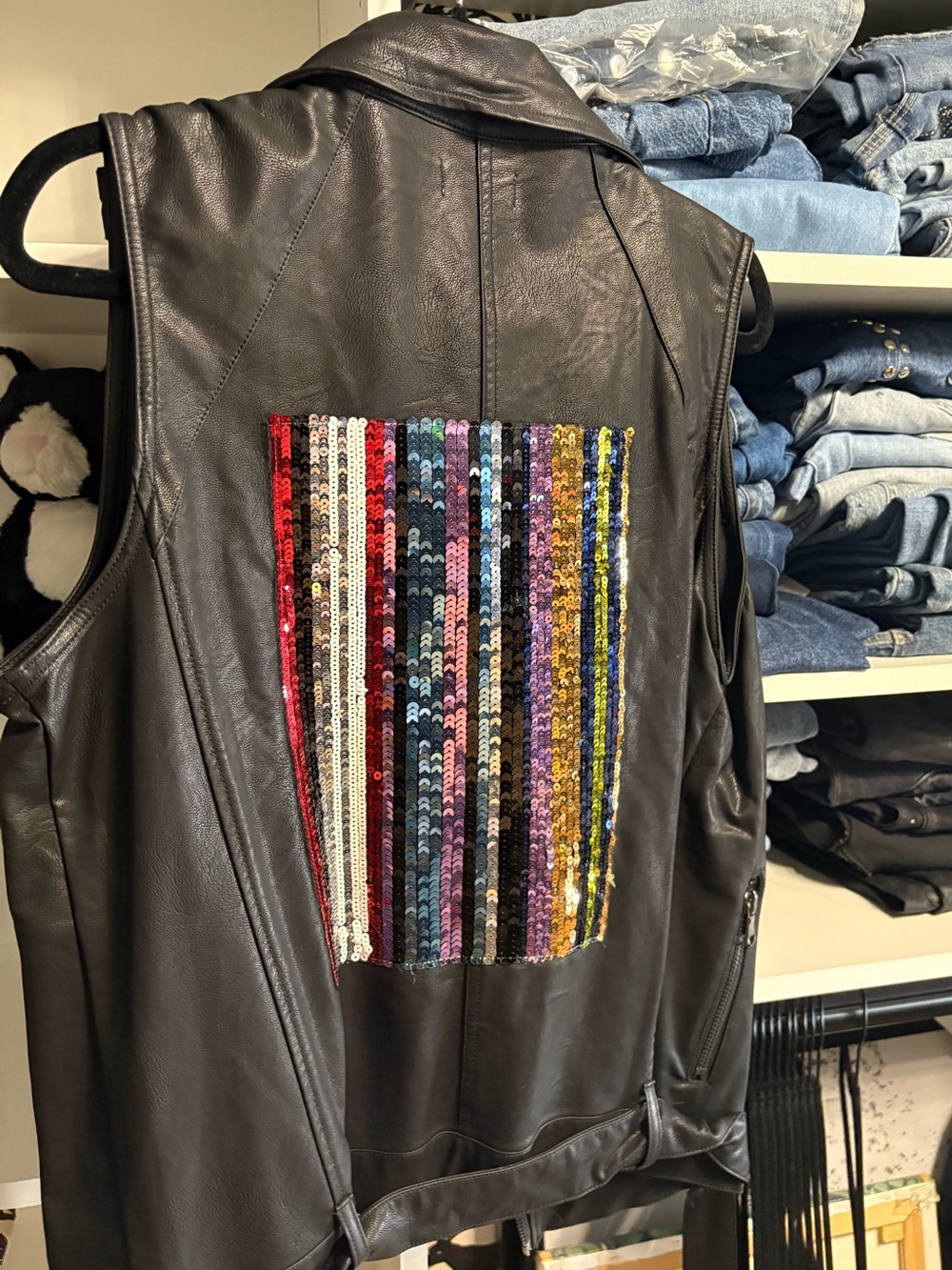 NWT Black Faux Leather Sequin-Back Moto Vest